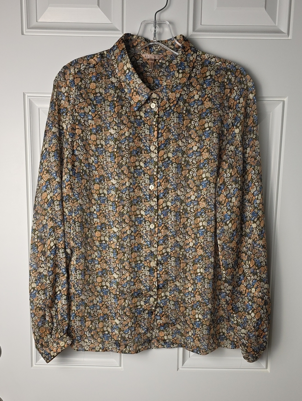 ESQUALO Brown, Blue, Cream Floral Blouse, Copper Color Metallic Thread. Size 8